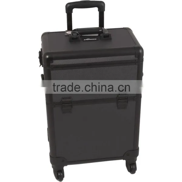 Black Texture Professional Aluminum Rolling Cosmetic Case Makeup 4-Wheel Trolley photo-2