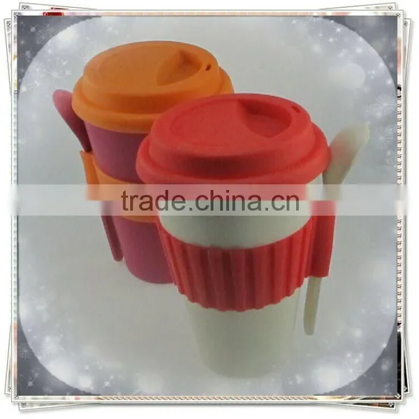Take Away Coffee Cup Mug With Lid Biodegradable Bamboo Fiber Mug With Silicon Sleeve photo-4