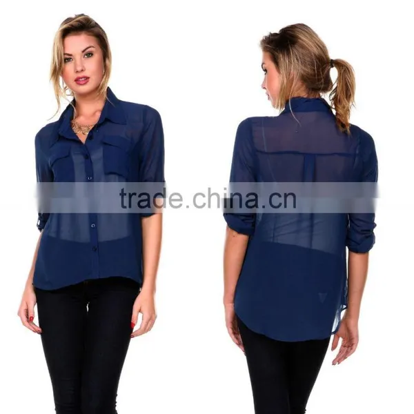 Latest Women Long Sleeve Loose Chiffon Casual Tops Button Down Shirt Ladies Blouse photo-2