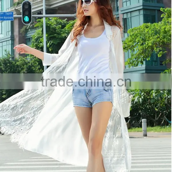 MOQ 1pc Hot Sale With Chiffon and Lace Patchwork Cardigan Long Lace t Shirt,t Shirt Women photo-4