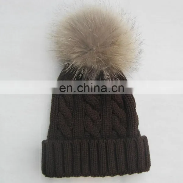 Fashion Knit Cable Hats With Big Natural Raccoon Fur Pom Poms photo-4