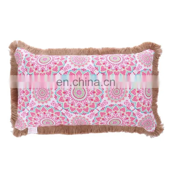Custom Made Decorative 3D Printed Pink Flowers Outdoor Bench Waterproof Throw Pillow Cushion With Jute Fringe photo-2