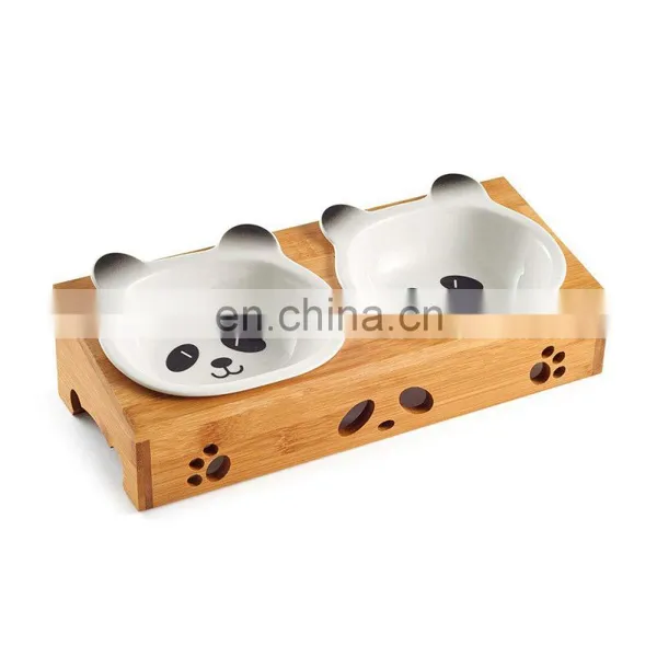 Wholesale Cheap Bamboo Elevated Dog Cat Food and Water Bowls Stand Feeder With 2 Ceramic Bowls