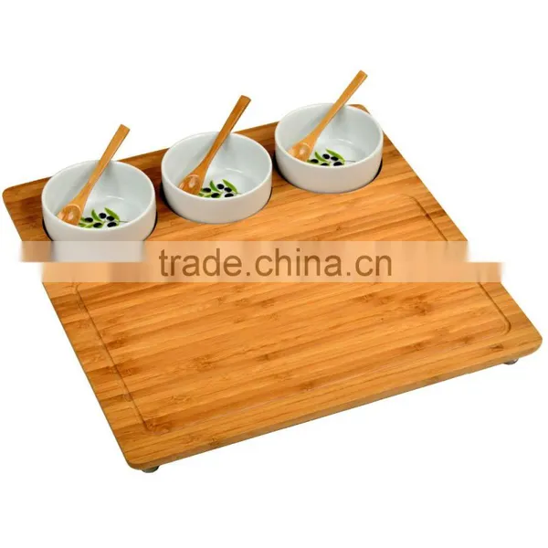 New Picnic Square Bamboo Entertaining Serving Tray With 3 Ceramic Bowl's Holder Bamboo Cutting Board With Juice Groove photo-3