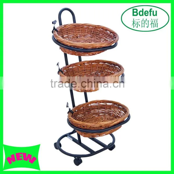 Fixture Displays 3 Tier Basket Stand, Sign Clips, Wicker - Rack for suppermarket