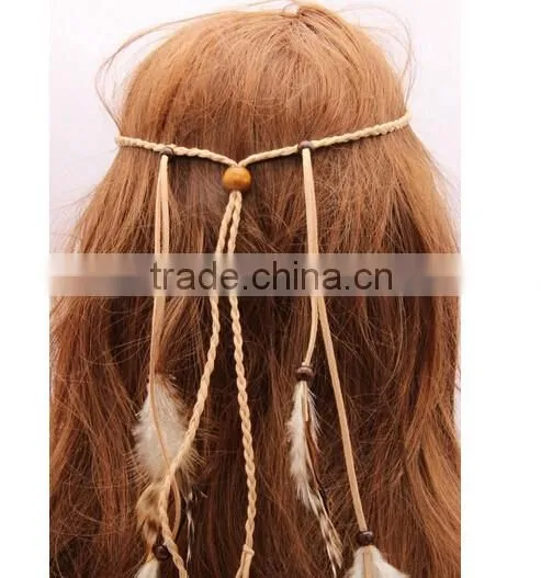 Boho Hippie Feather Leaf Hairband Tassels Weave Headband Elastic Headdress photo-4