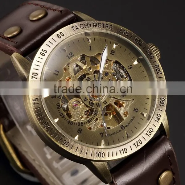 Mens Vintage Bronze Skeleton Analog Auto Sport Mechanical Watch photo-2