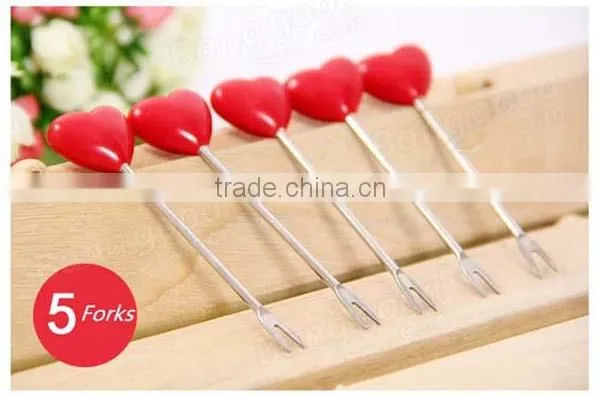 Factory Wholesale Stainless Steel Red Heart Shaped Fuit Fork Set photo-2