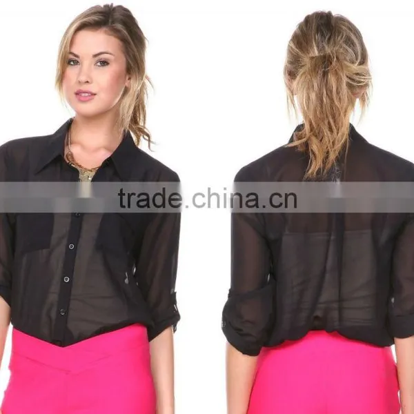 Latest Women Long Sleeve Loose Chiffon Casual Tops Button Down Shirt Ladies Blouse photo-3