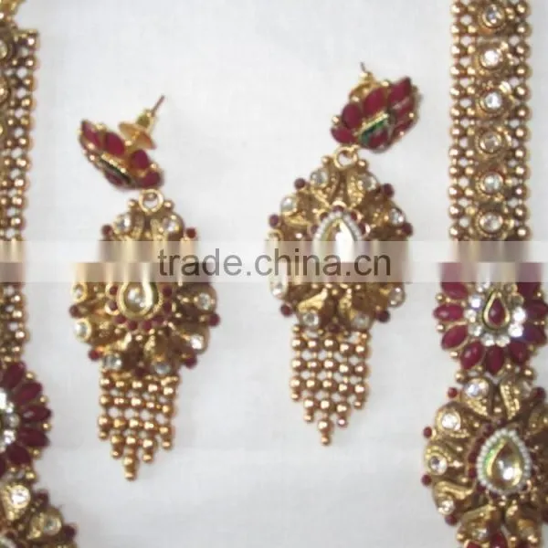 GOLD Plated Polki Kundan Long Necklace EARRING Set photo-3