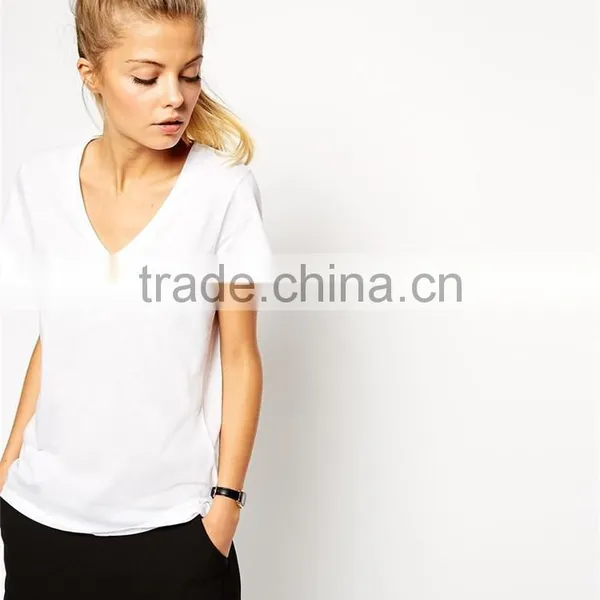 OEM Service 100% Cotton v Neck Short Sleeve Women t Shirt Plain no Brand T-shirt photo-4