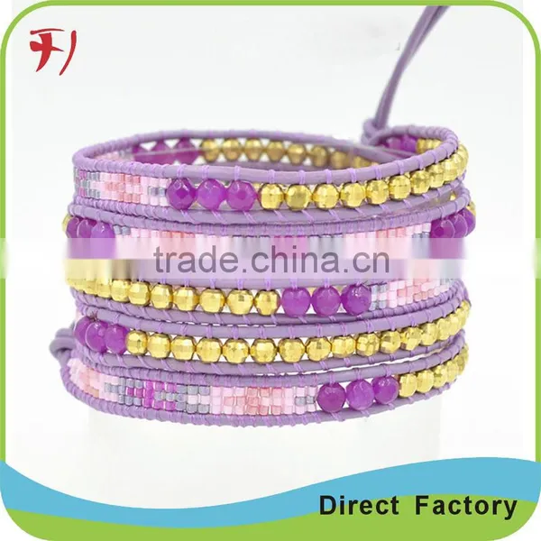 Colorful Crystal Stone Beads 5 Wrap On Brown Leather Multilayer Bracelet