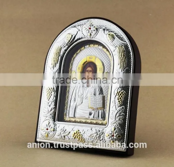 Greek & Russian Orthodox Big Wooden Icon. Christ Pantocrator. Silver Edging photo-4