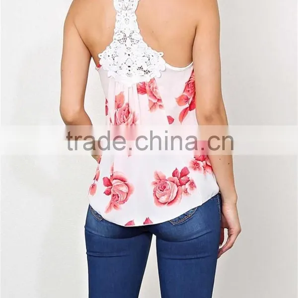 Summer Ladies Latest Fashion Floral Rose Print Crochet Pattern Loose Woven Top- SYK15254