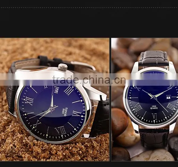High Class Bule Dial Alloy Case Genuine Leather Band With Night View Men Fashion Watches photo-4