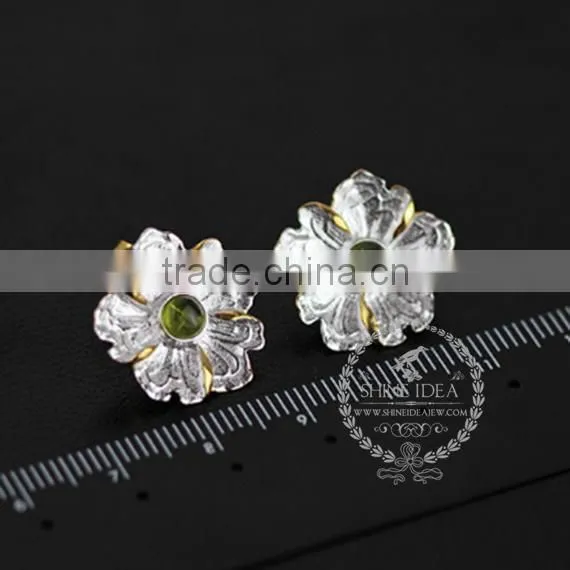 925 Sterling Solid Silver Peony Flower Green Yellow and Blue Tourmaline Earring Stud Fashion Women Earring DIY Jewelry 6730608 photo-4