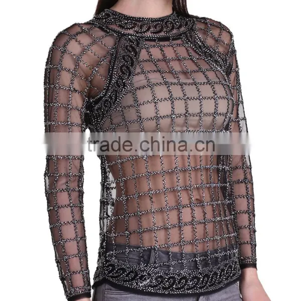 Domin Fashion Wholesale Beading Design Ladies Tops Images photo-2