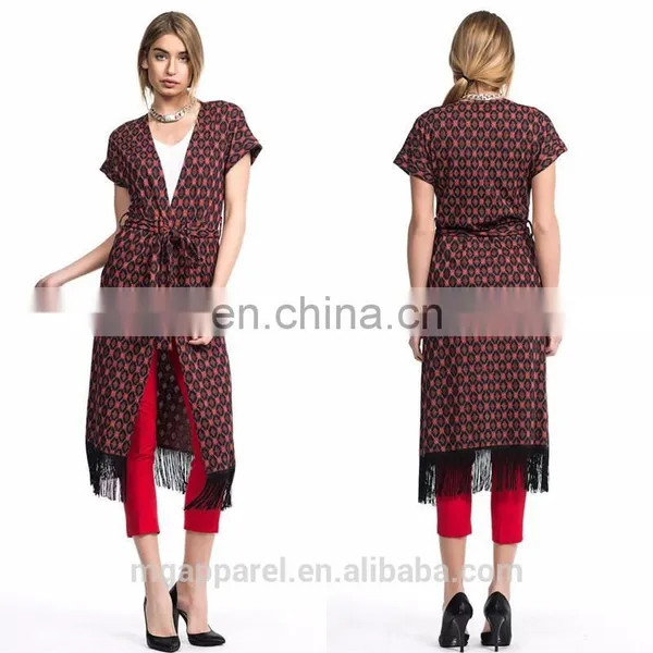 Newest Design Tie Waist and Fringe Bottom Original Cut Ladies Long Vest Women