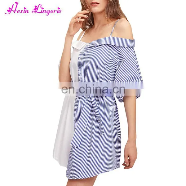 Hot Sale Halter Striped Short Sleeve Overbust Sexy Midi Off - Shoulder Dress photo-2