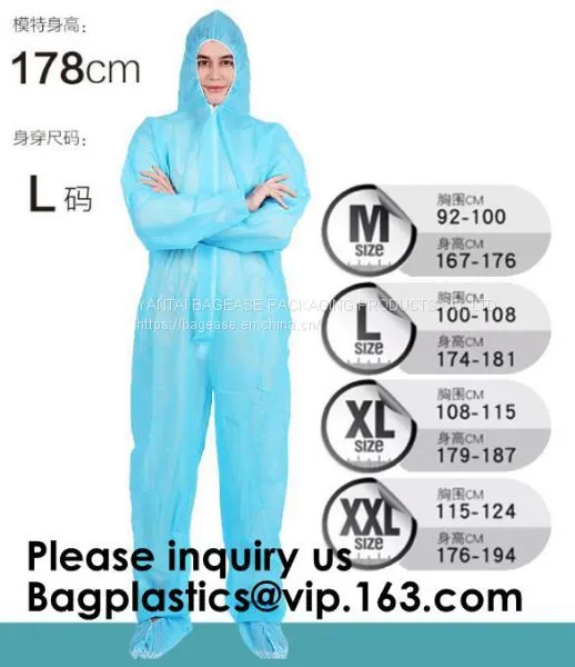 Light Duty Disposable Protective Coveralls Suit Attached Non-Woven Fabric Hood Elastic Wrist Ankles and Waist Serged Sea