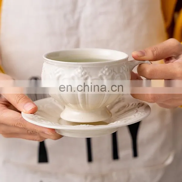 English Luxury Embossed European Style Ceramic Porcelain Tea and Coffee Cup Pot Gift Set photo-3