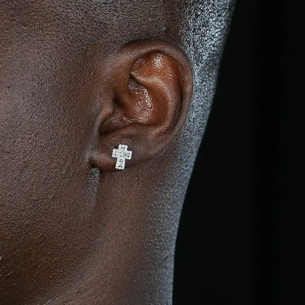 Shining Star Jewelry Hip Hop Rapper VVS Moissanite Mens Cross Stud Earrings photo-3