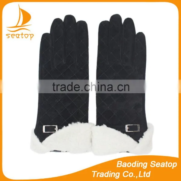 Ladies Pigsuede Leather Gloves With Metal Decoration