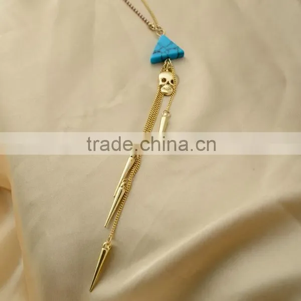 2014 Rivet Tassel Turquoise Alloy Skull Heads Pendant Dainty Long Tassel Necklace Set photo-3