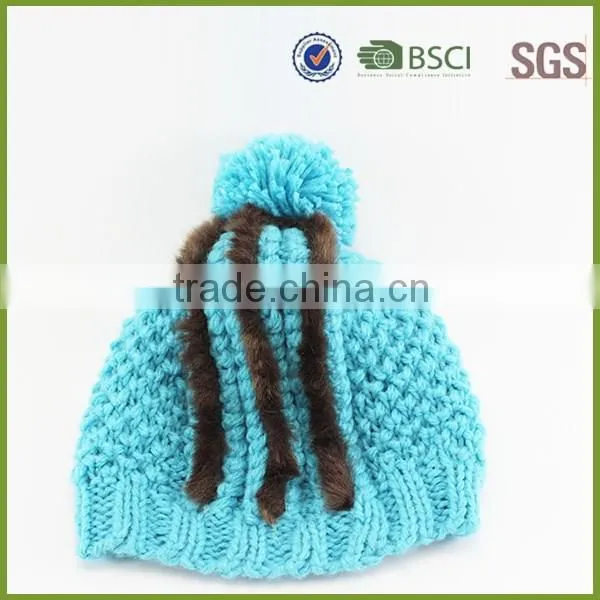 Blue Color Custom Knitted Pom Beanie Hat With Fur photo-4