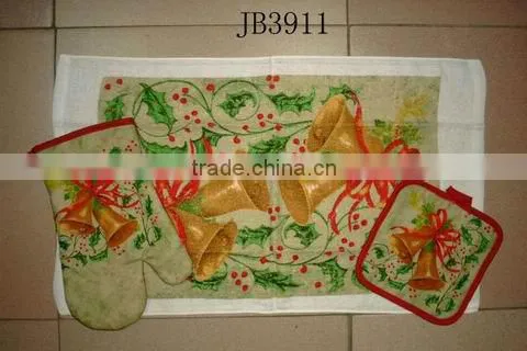 Fabric Hot Sale Kitchen Set/ Cotton Oven Glove Kitchen Sets Oven Mitt &pot Holder &terry Towel for Chiristmas