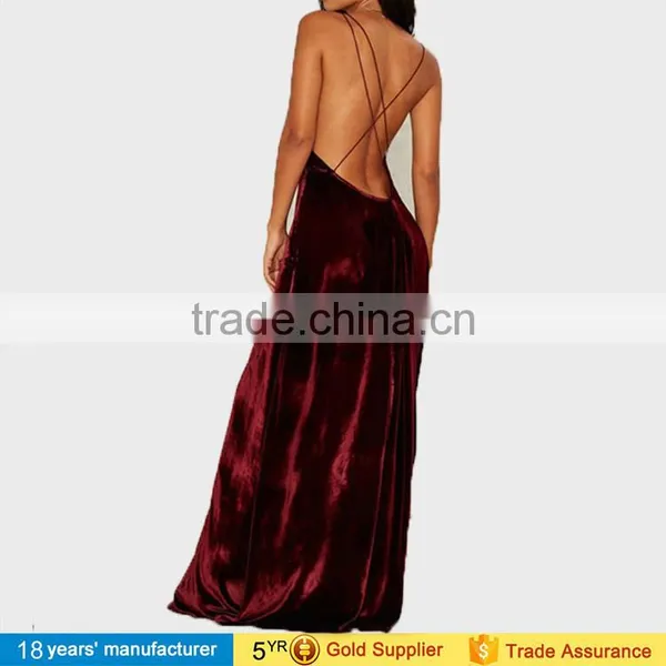 New Sexy Fashion Burgundy Spaghetti Strap Backless Wrap Maxi Long Party Velvet Prom Dresses 2016 photo-6