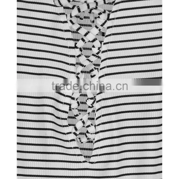 2016 New Fashion Lace Up Front Sleeveless Bodysuits Young Girl Black White Stripe Women Tops photo-4