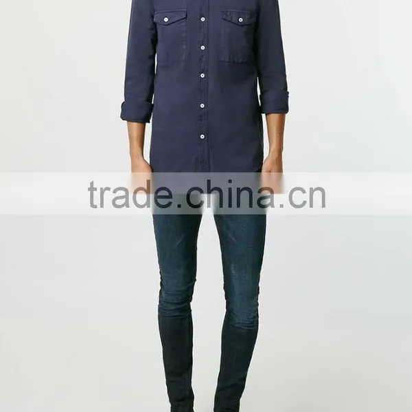 New Model Navy Blue Double Pocket Twill Long Sleeve Casual Shirt photo-3
