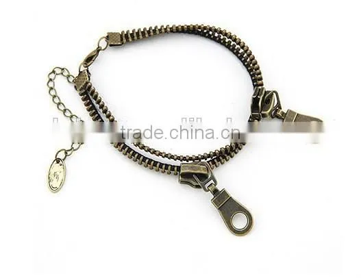 Fashion Jewelry Punk Retro Zipper Anklet Bracelet Double Chain Bangle Bronze for Girl Boys photo-6