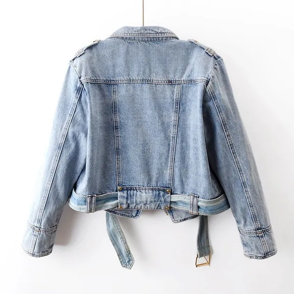 2025 Spring New Design Sense High-waisted Zipper Long-sleeved Denim Coat Women's Short Loose Top Motorcycle Jacket photo-3