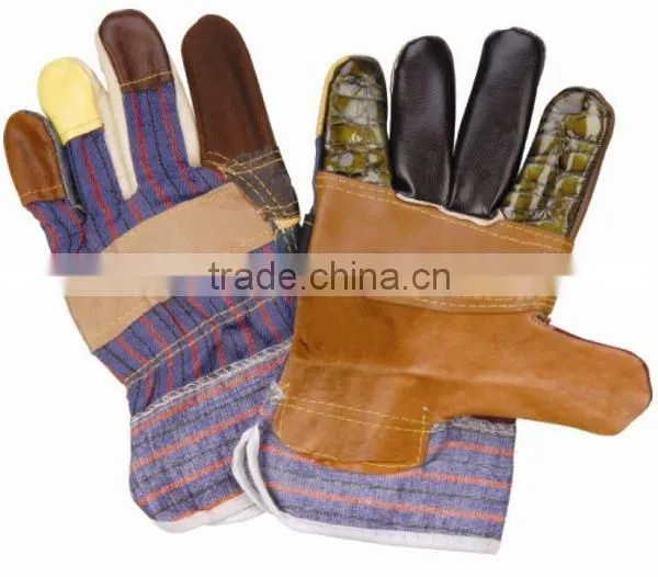 Work Glove Red Cow Split Leather Back Stripped Cotton/ Patch Palm Working Glove photo-2