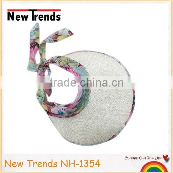 Straw sunshade visor with flower printing satin lining and ribbon
