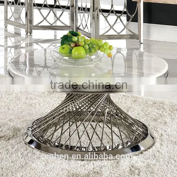 European High Gloss Face Round Stainless Steel Tube Coffee Table Set With Marble Top B1071