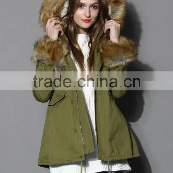 Detachable Faux Fur Jacket With Fur Collar Fur Sleeve ,women Army Green Jacket Coat