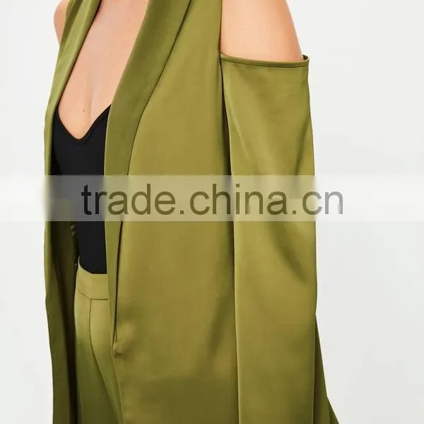Picture of Office Ladies Cold Shoulder Tie Waist Satin Blazer Green Two Piece Sets for Office Ladies photo-4