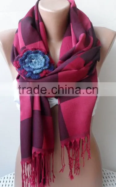 Burgundy Shawls With Rose, Plaid Pattern Scarf, Crochet Rose, Fashion Scarf, Plaid Pattern Scarf, Elegant, Bridesmaid Shawls, We photo-2