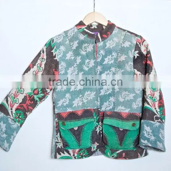 Vintage Kantha Jacket in Dirty Green & Brown ~ Small photo-6