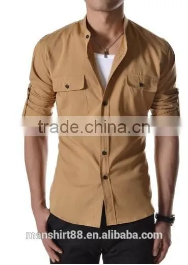 Men Casual Shirts Cotton Fabric Welcomed Men Chinese Collar Shirts photo-2