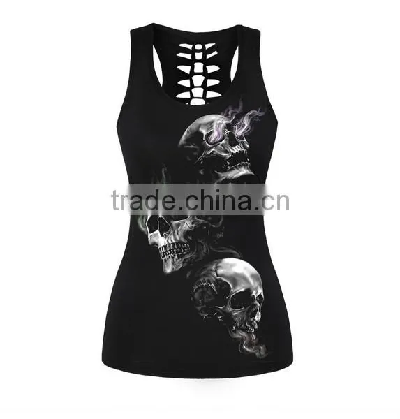 2017 Hot Selling Cheap Women Black Tank Top With Rose Skull Printed photo-3