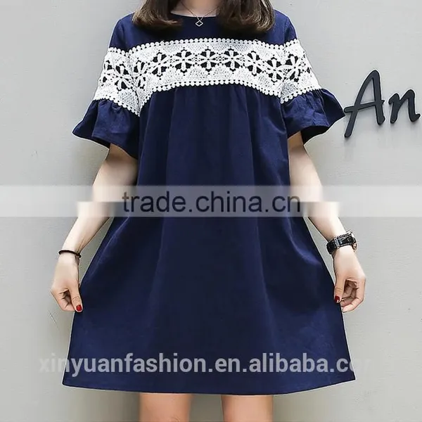 Women Linen Dress Lace Short Flare Sleeve for Women Ladies Apparel photo-2
