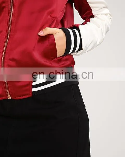 Lightly Padded Women Polyester College Plain Satin Baseball Jacket photo-5