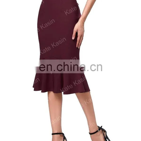 Kate Kasin Occident Women's Fashion OL Causal Wine Red Mermaid Hips-Wrapped Pencil Skirt KK000241-2 photo-2