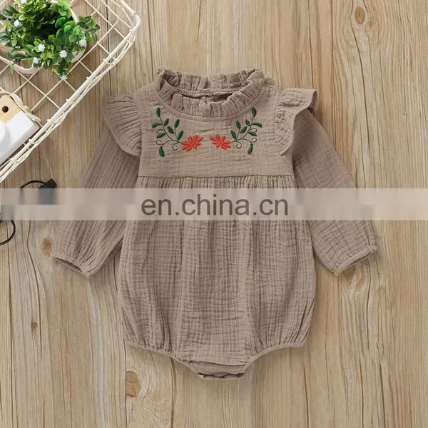 Wholesale Fashion Romper Full Sleeve Ruffle Flower Embroidery Baby Linen Romper photo-2
