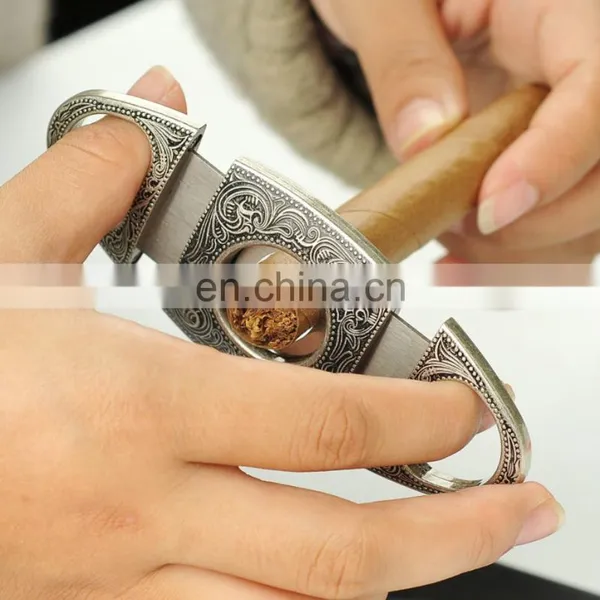 HQP-XJ06 HongQiang OEM Leather Pouch in Gift Box Classic Carving Pattern Double Edge Stainless Steel Portable Cigar Cutter photo-6