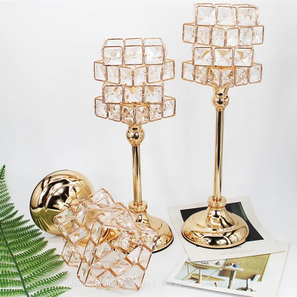 European Crystal Rubik's Cube Candlestick Golden Iron Hollow Ornaments Crafts Romantic Candlelight Dinner Wedding Ornaments photo-3